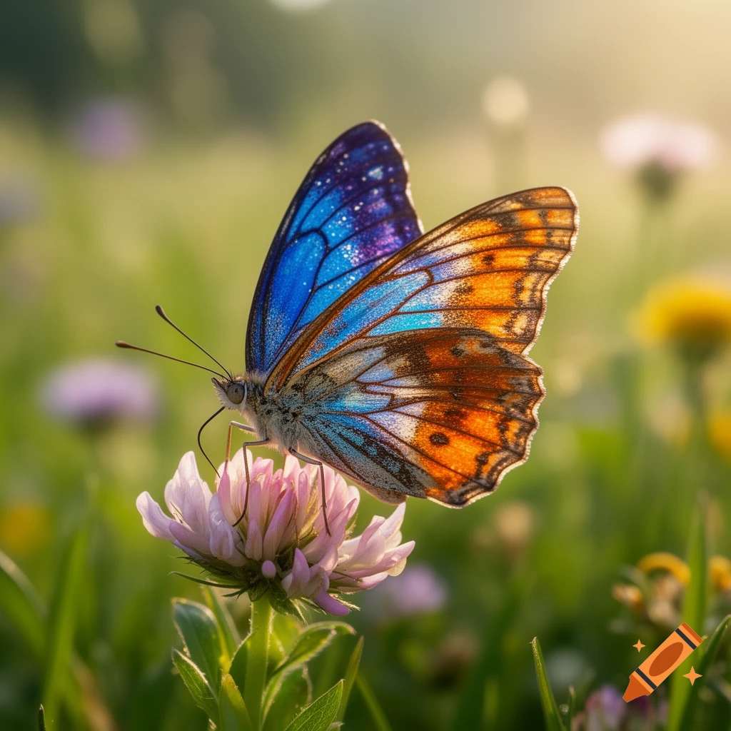 A photorealistic close-up of a vibrant blue and orange butterfly with open wings, perched on a pink clover flower in a sunny meadow.