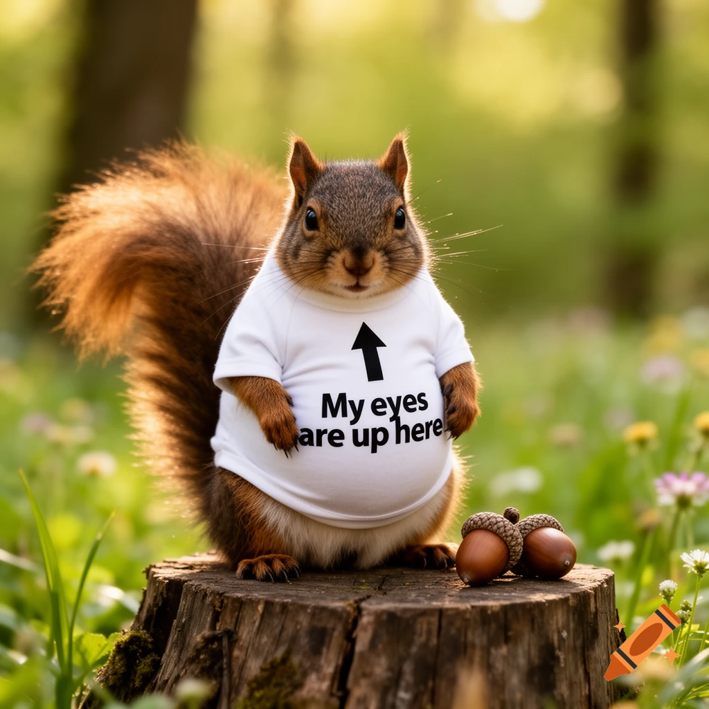 A photorealistic squirrel wearing a white t-shirt with an arrow and the text "My eyes are up here", sitting on a tree stump with two acorns in a sunny forest.