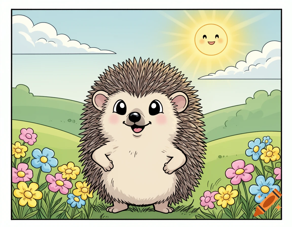 A cartoon hedgehog stands in a field of colorful flowers under a smiling sun and blue sky.
