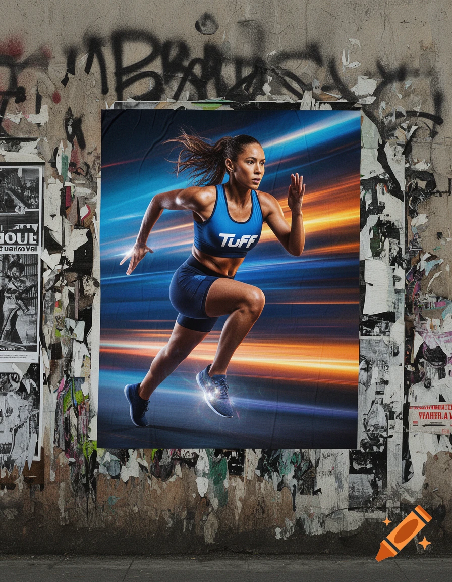A woman in a blue sports bra with 'TUFF' logo runs on a poster against a graffiti-covered wall, dynamic blue and orange light behind her.