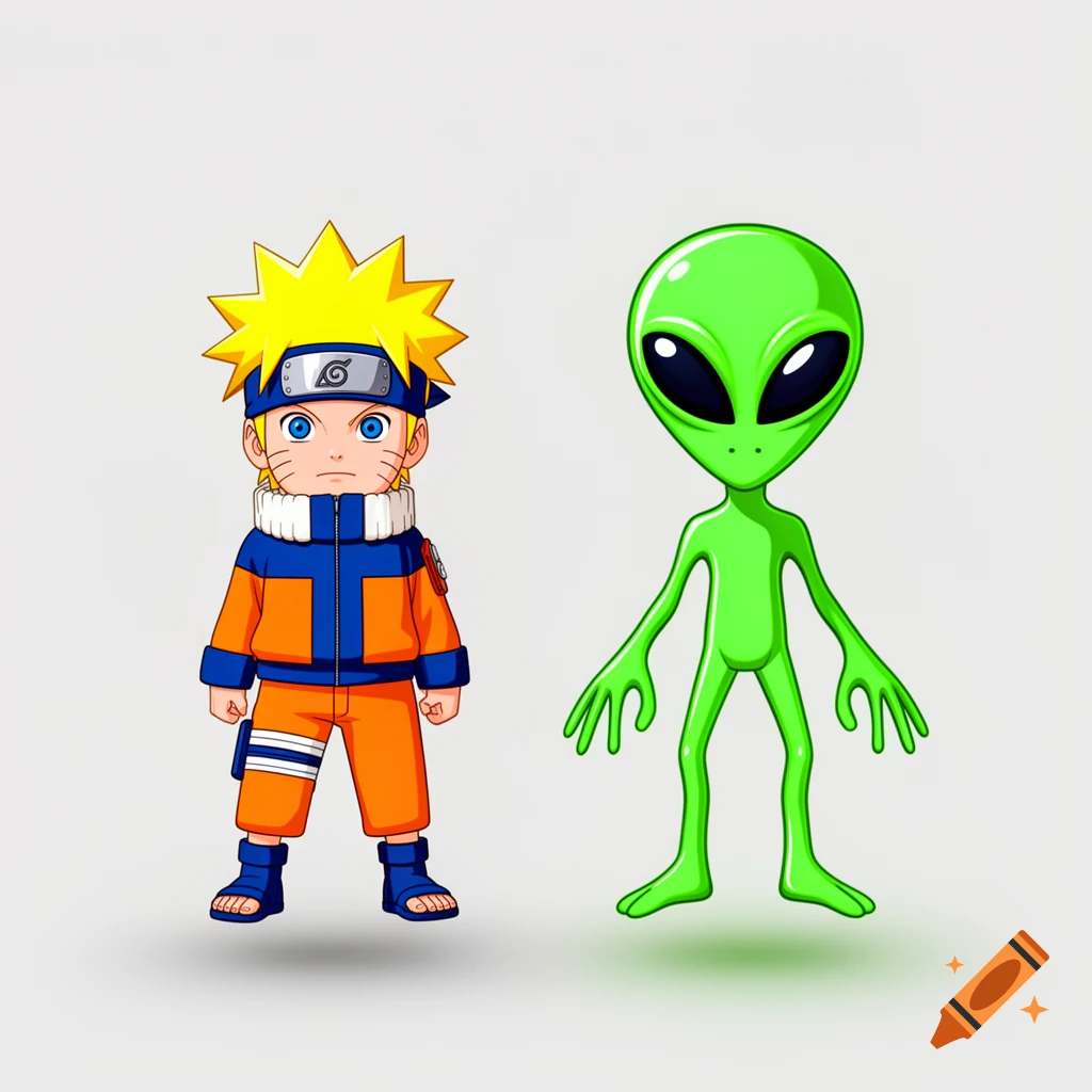 A cartoon-style image of a young Naruto character standing next to a green alien on a white background.