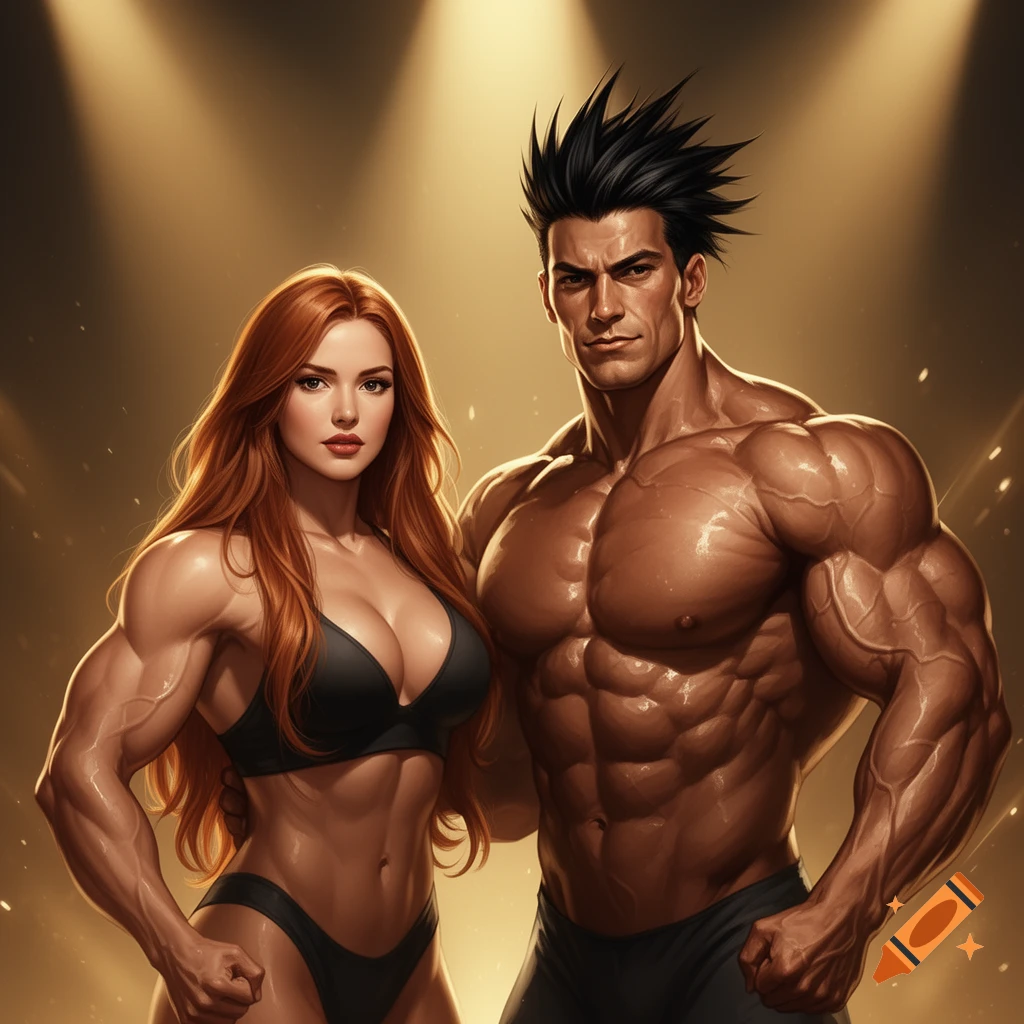 Massively muscular bodybuilder couple, a woman with long auburn hair and a man with spiky black hair, pose in black athletic wear under spotlights.