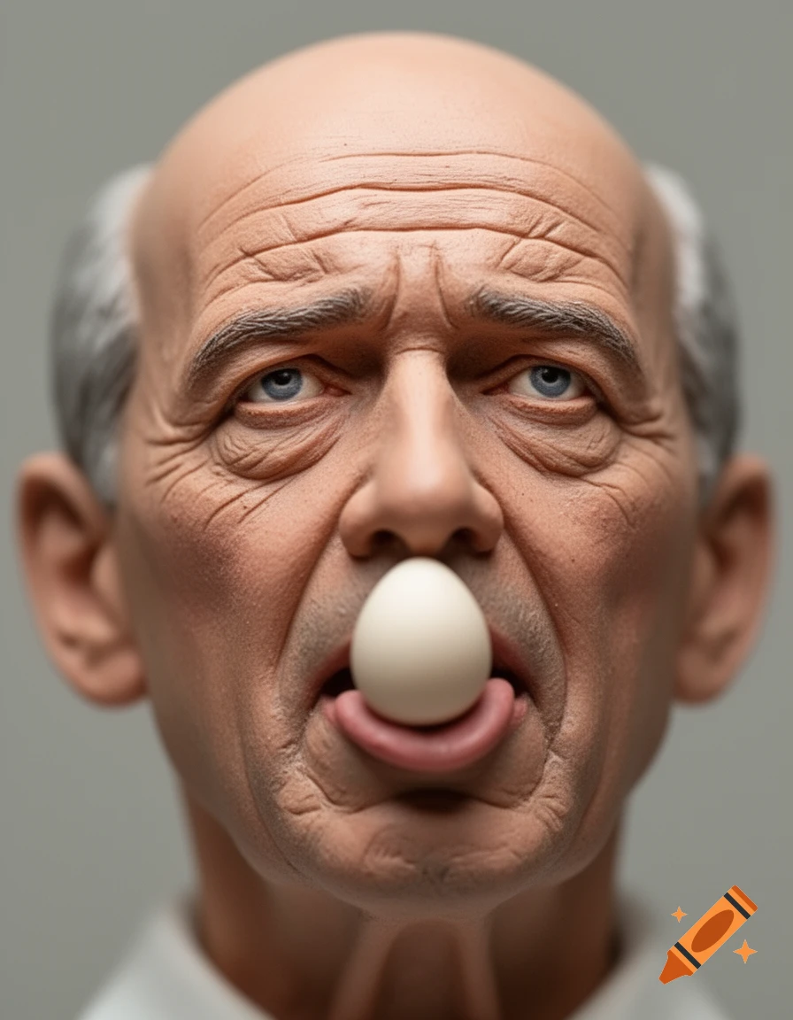 Close-up of a bald, elderly man with a white egg balanced on his tongue in a photorealistic style.