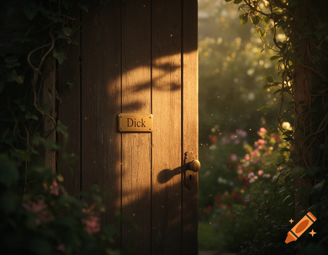 A rustic wooden door, slightly ajar, with a brass nameplate reading "Dick" catching warm sunlight. Lush green vines frame the door, and a bright, blooming garden is visible in the background.
