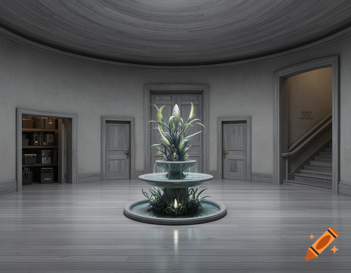 A round, grey-toned room with wooden floors and ceiling, featuring a central fountain with exotic flora, multiple doors, and a staircase to the right.