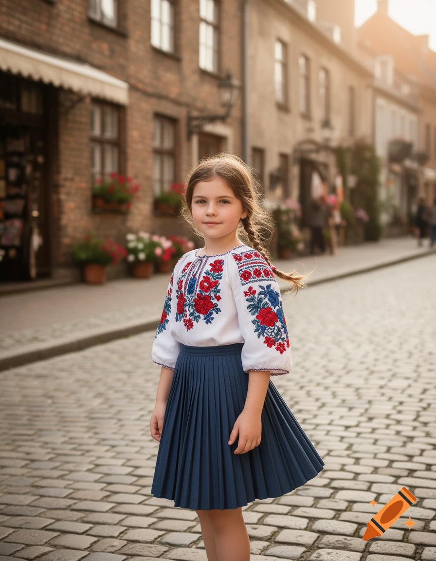 A young girl in a traditional embroidered white blouse and blue pleated skirt stands on a cobblestone street in an old town.