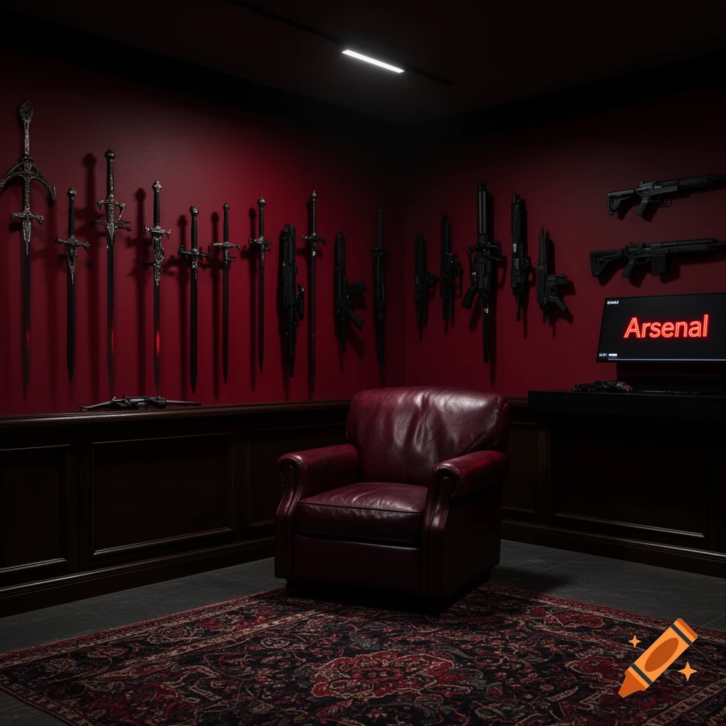 A dark red room with medieval swords and modern firearms displayed on the walls. A leather armchair sits on an ornate rug, with a monitor displaying 'Arsenal'.