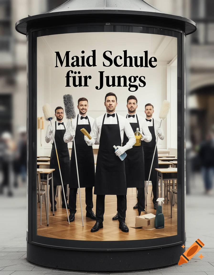 A street billboard shows five smiling men in black aprons and white shirts, holding cleaning tools, advertising 'Maid School for Boys'.