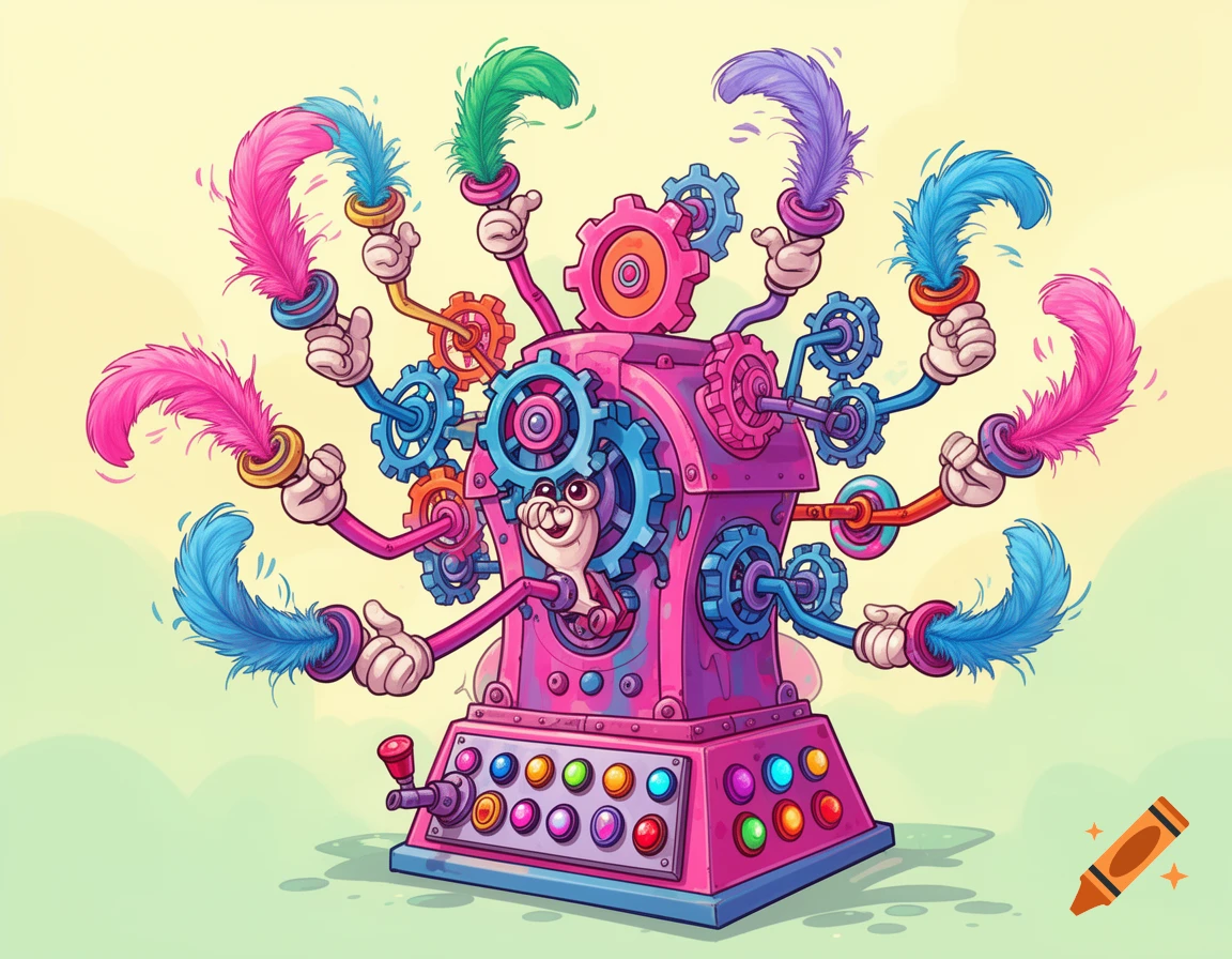A vibrant, whimsical cartoon tickle machine with multiple mechanical arms holding colorful feathers, and a small creature peeking from its center.