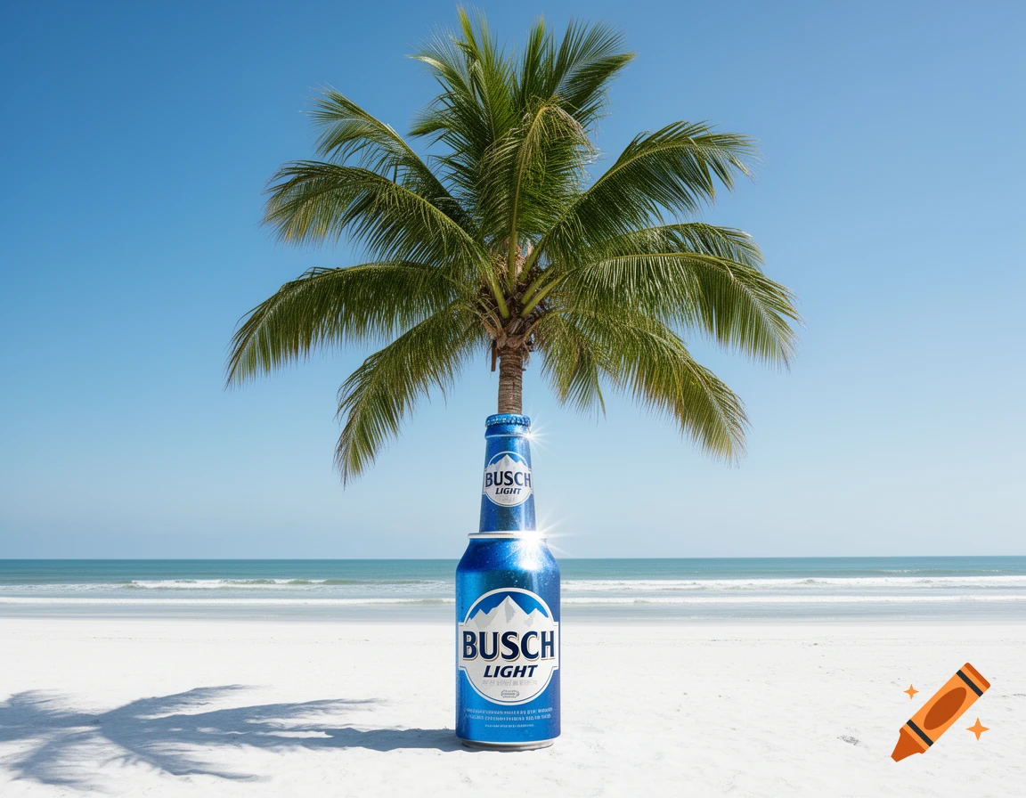 A photorealistic image of a Busch Light aluminum bottle forming the trunk of a palm tree on a white sand beach with the ocean and blue sky in the background.