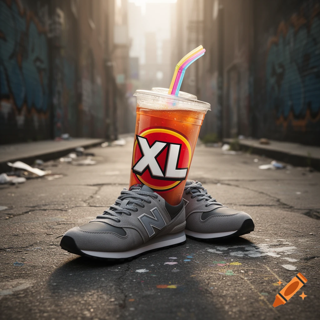 A large XL branded drink cup stands on a pair of gray sneakers with an N logo in a sunlit, gritty urban alleyway.