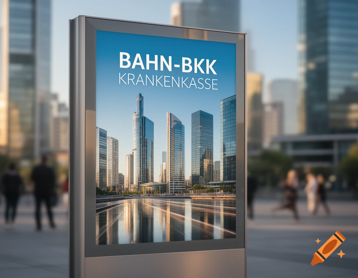 A photorealistic image of an outdoor digital billboard displaying a city skyline under a clear blue sky, with the text BAHN-BKK KRANKENKASSE. Blurry people and buildings are in the background.