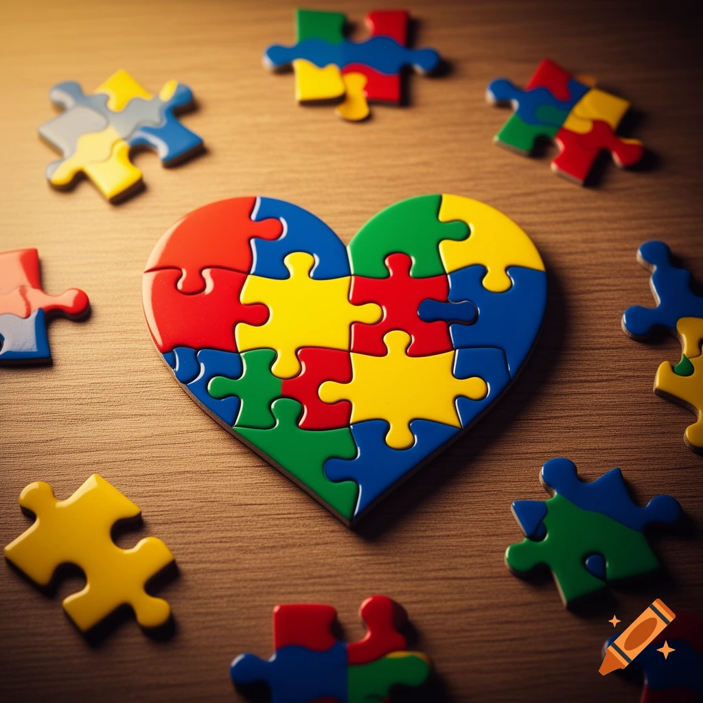 Colorful puzzle pieces form a heart on a wooden table, with other pieces scattered around, symbolizing autism awareness.