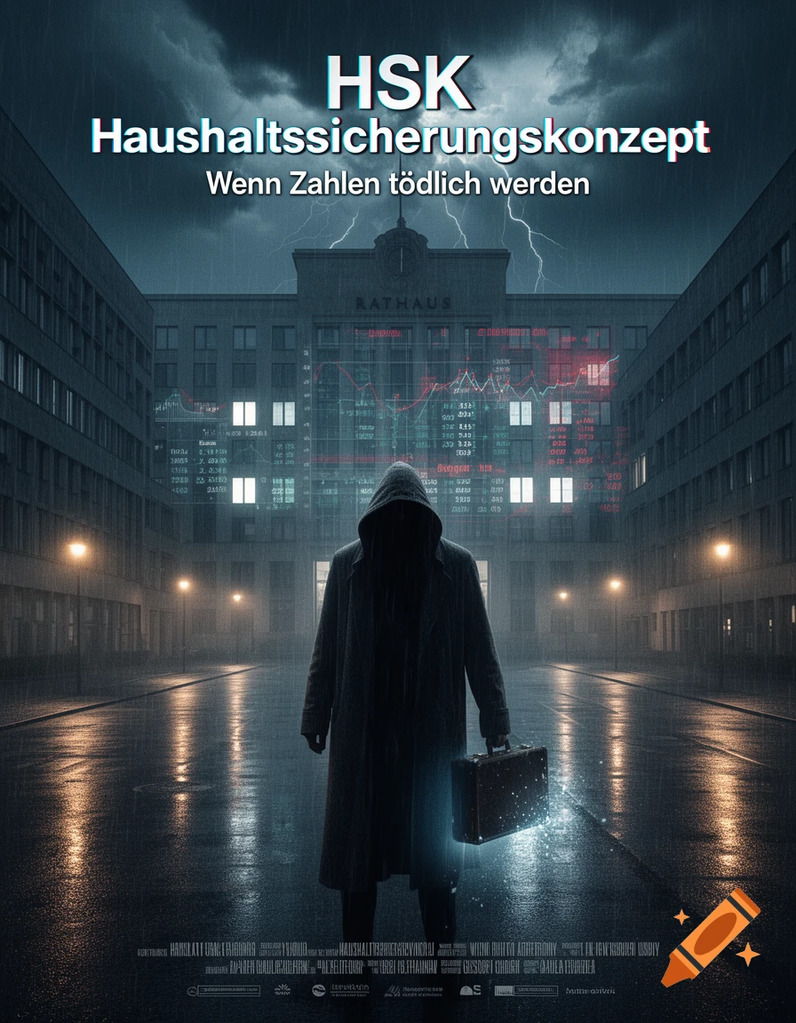 A dark, cinematic thriller movie poster showing a hooded figure with a glowing briefcase in a rainy city street in front of a government building with financial projections on its windows. Text reads: HSK Haushaltssicherungskonzept, Wenn Zahlen tödlich werden.