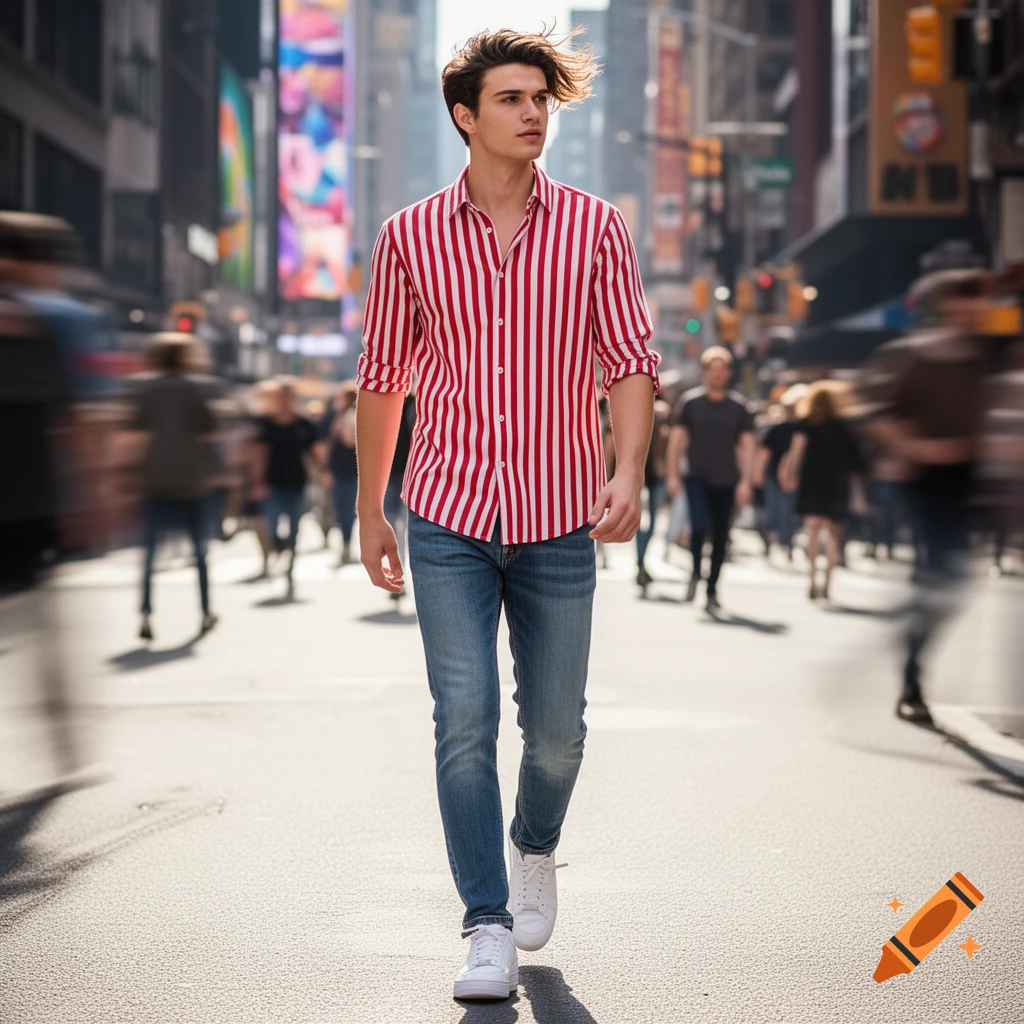 A young man in a red and white striped shirt, blue jeans, and white shoes walks confidently down a city street, with blurred crowds and tall buildings in the background.