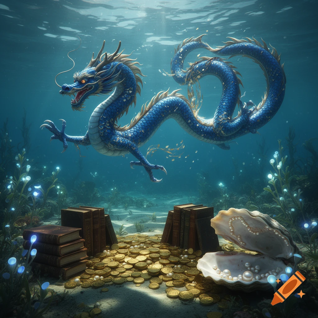 A blue Chinese dragon with golden accents swims in clear water above a seabed with glowing plants, stacks of books, a pile of gold coins, and an open oyster with pearls.