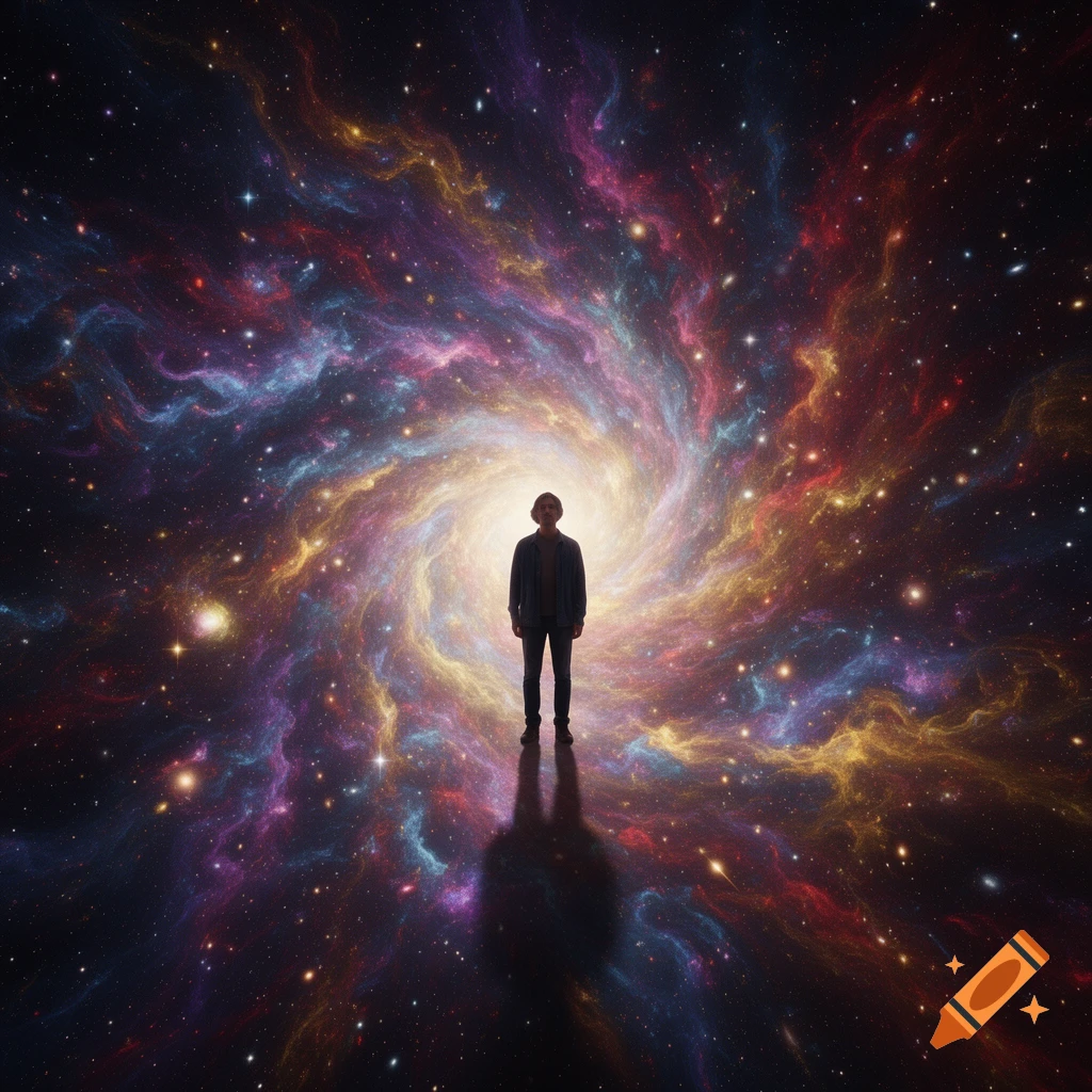A lone person stands centered in a vibrant, swirling galaxy of colorful nebulae and stars.