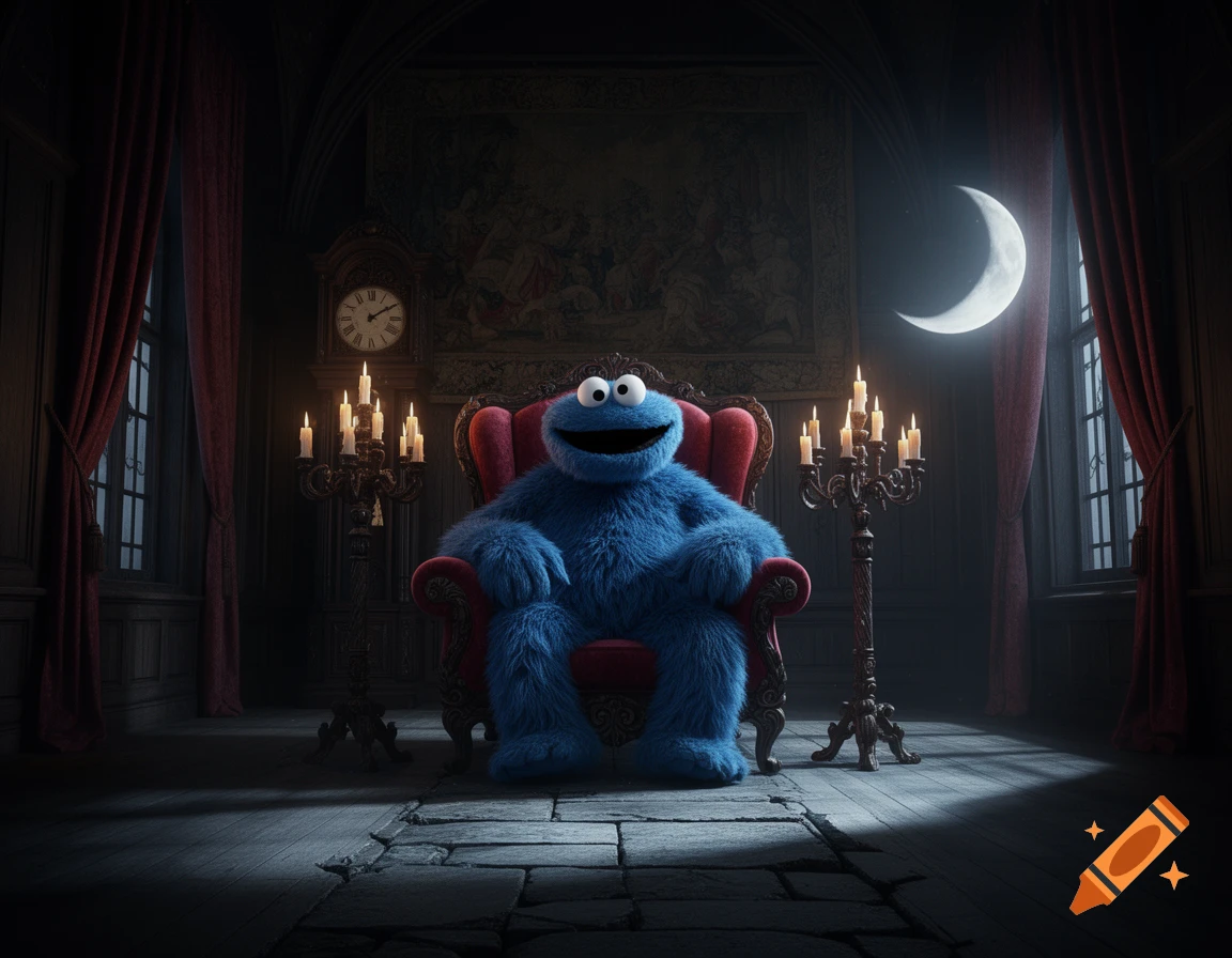 Cookie Monster sits in a large red armchair in a dark, gothic room lit by candles and a crescent moon.