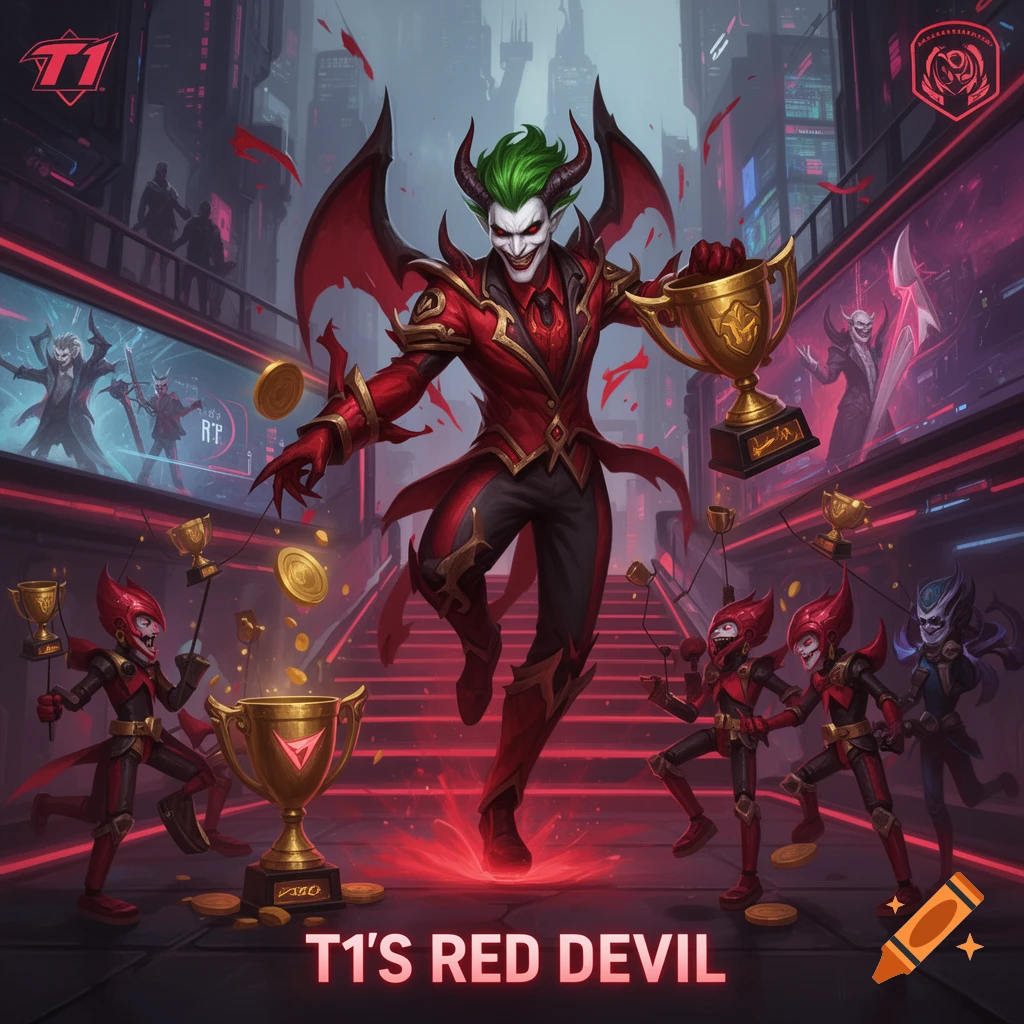 A stylized image of a demonic Joker-like character with green hair, red suit, and bat wings holding a golden trophy. He stands on red stairs with smaller imp-like figures and coins, set in a futuristic city with screens showing similar characters and the text 'T1'S RED DEVIL'.