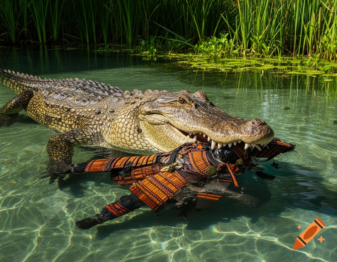 A large alligator holds a full samurai armor suit in its jaws in clear water with reeds in the background.