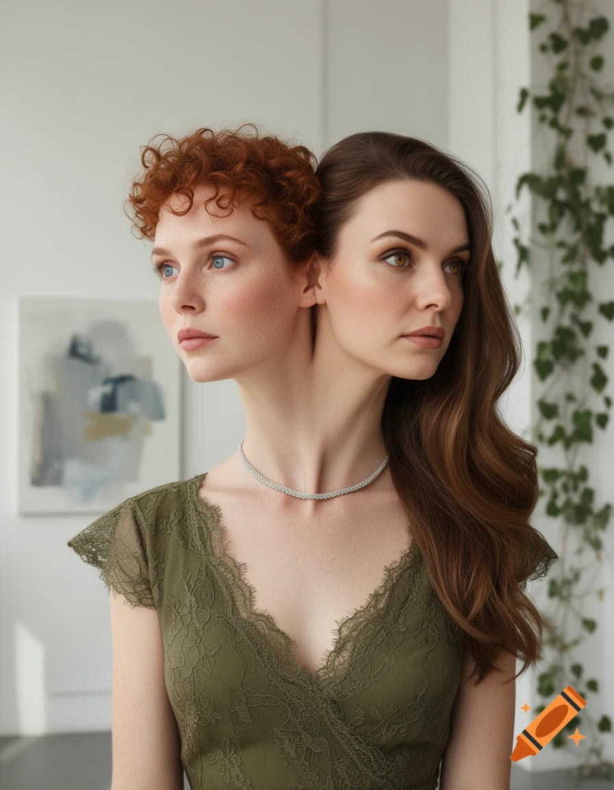 A photorealistic portrait of a woman with two heads looking in opposite directions, one with red curly hair and blue eyes, the other with brown wavy hair and brown eyes, wearing a green lace dress.