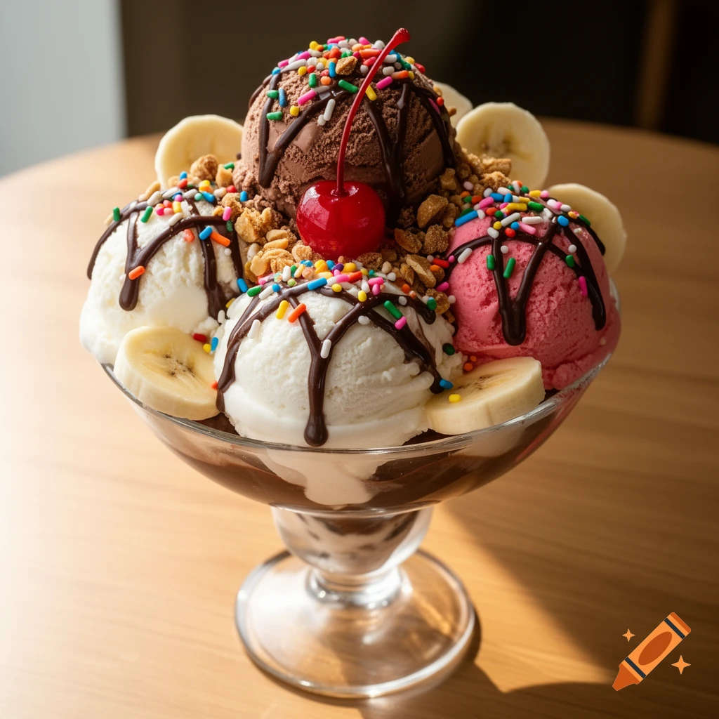 A vibrant ice cream sundae with chocolate, vanilla, and strawberry scoops, topped with sprinkles, granola, banana slices, chocolate syrup, and a cherry.