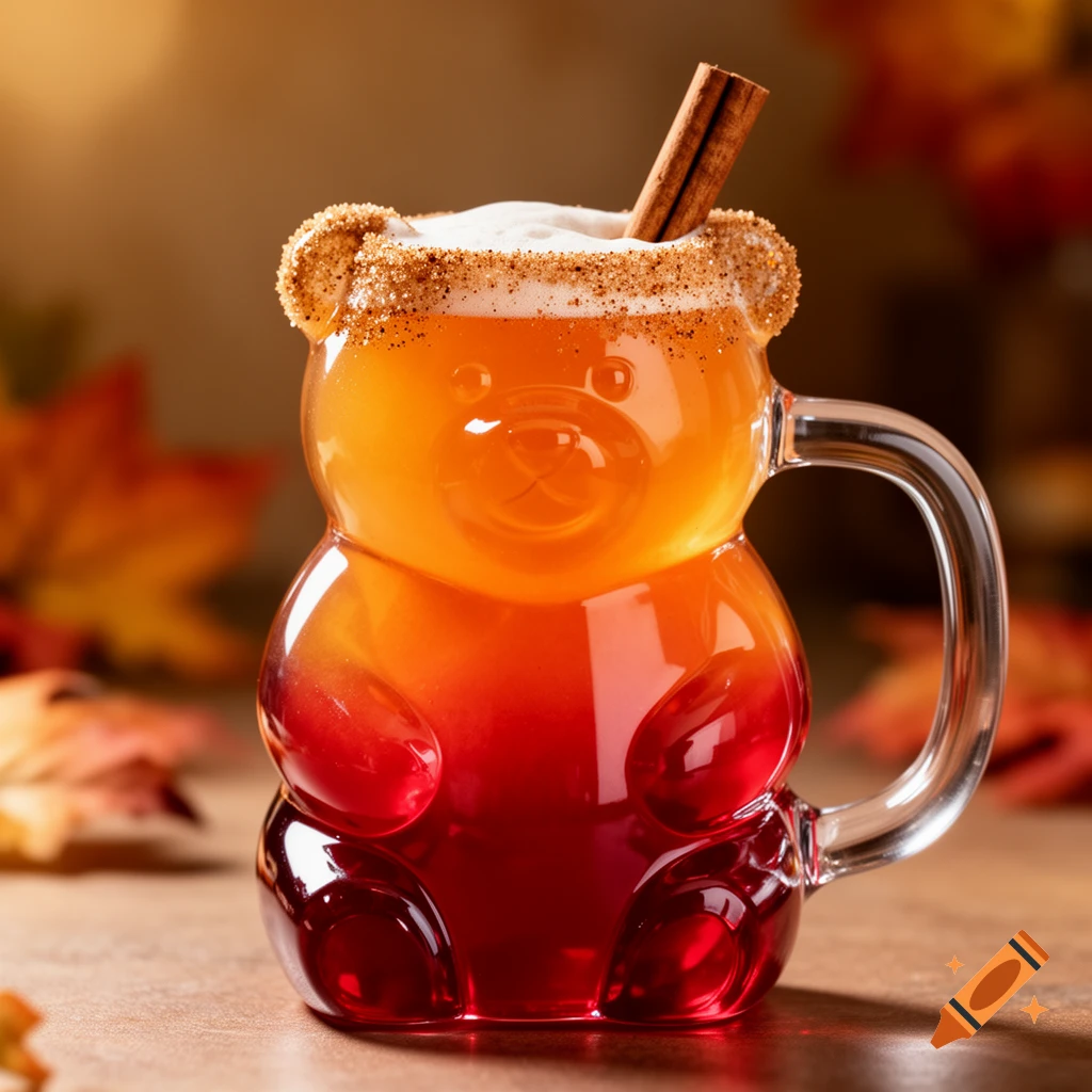 A clear bear-shaped mug filled with a red to orange gradient drink, topped with foam, a cinnamon sugar rim, and a cinnamon stick. Blurred fall leaves in the background.