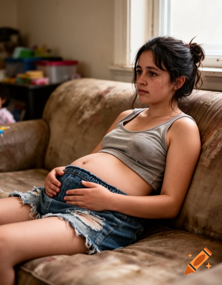 A tired, pregnant woman sits on a worn couch, looking off into the distance, with her hands resting on her belly.