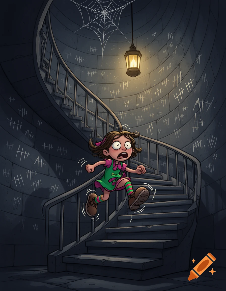 Scared cartoon girl running up a dark spiral staircase in a stone tower with tally marks and a spiderweb, lit by a lantern.