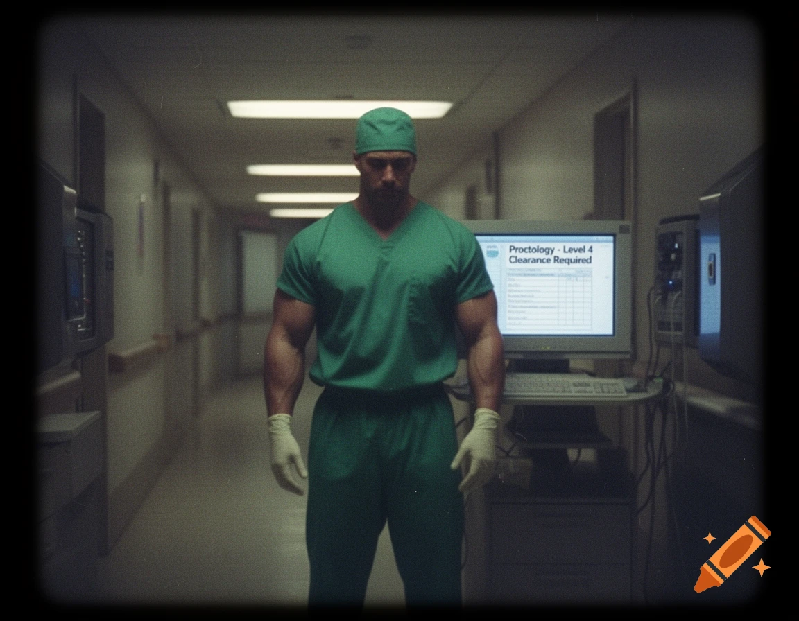VHS-style photo of a muscular doctor in green scrubs in a dim hospital hallway, near a screen showing 'Proctology - Level 4 Clearance Required'.