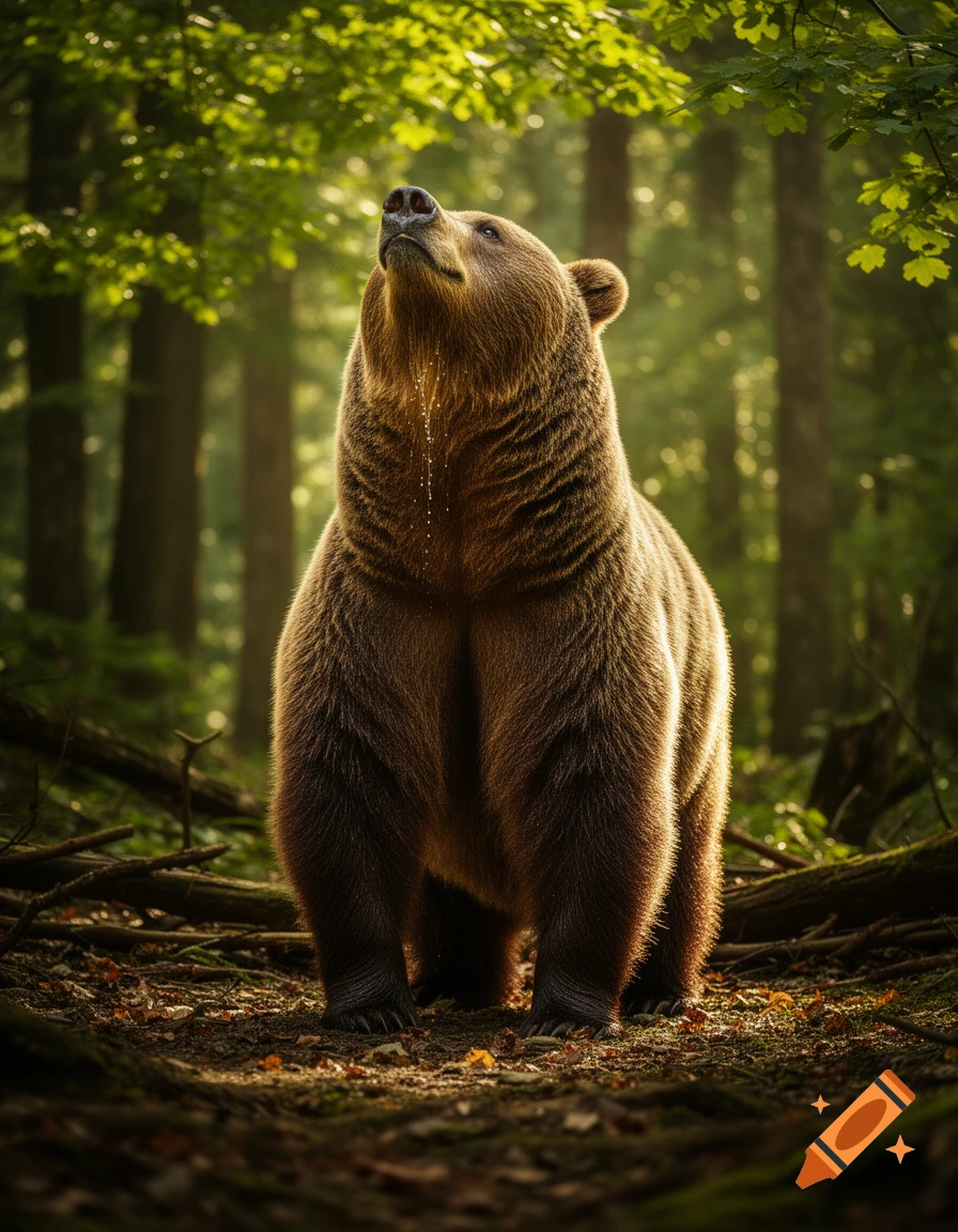 A photorealistic brown bear stands on its hind legs in a sunlit forest, looking up with water dripping from its chin.