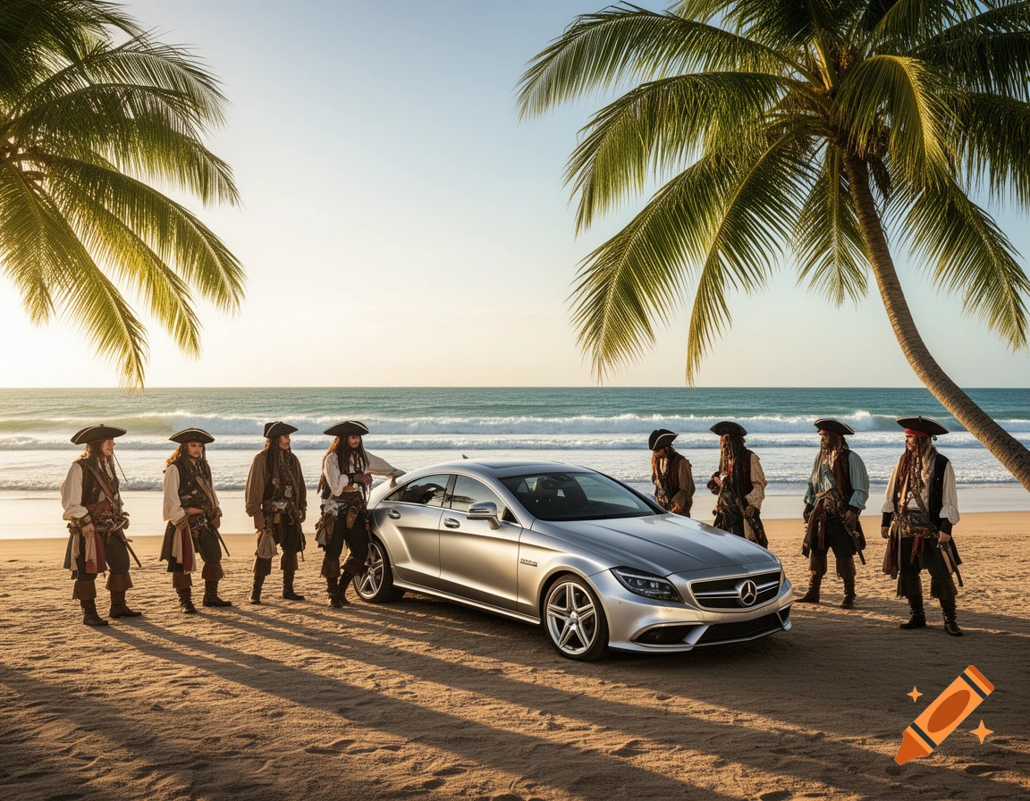 A silver Mercedes-Benz car is parked on a tropical beach at sunset, surrounded by seven pirates under palm trees.