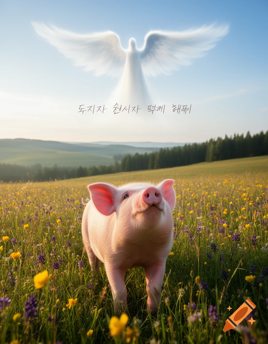 A smiling pink pig stands in a sunlit field of yellow and purple wildflowers, looking up at a cloud-like white angel with wings in the blue sky. Photorealistic.