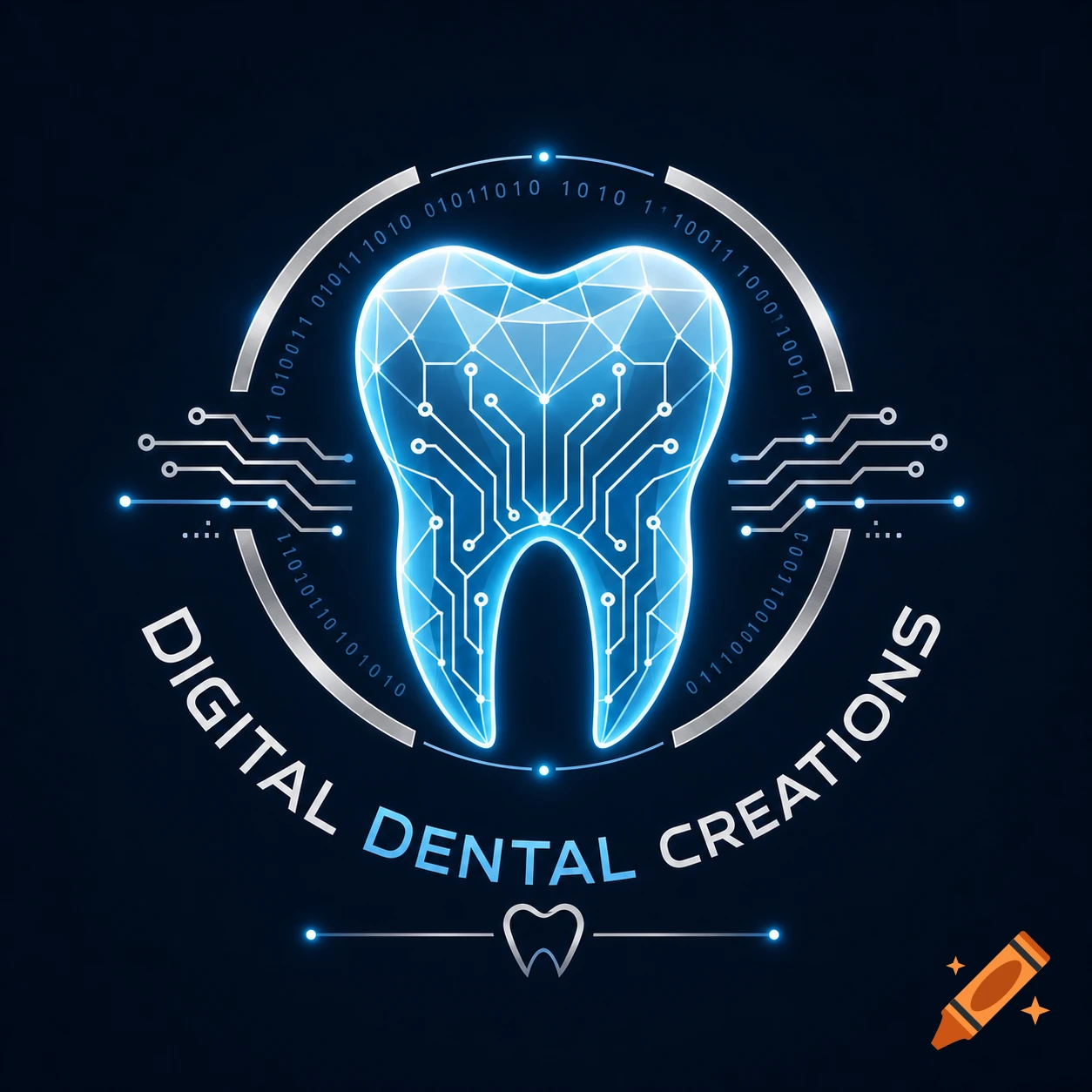 Stylized blue glowing tooth with circuit patterns and binary code, forming a circular logo with 'DIGITAL DENTAL CREATIONS' on a dark background.