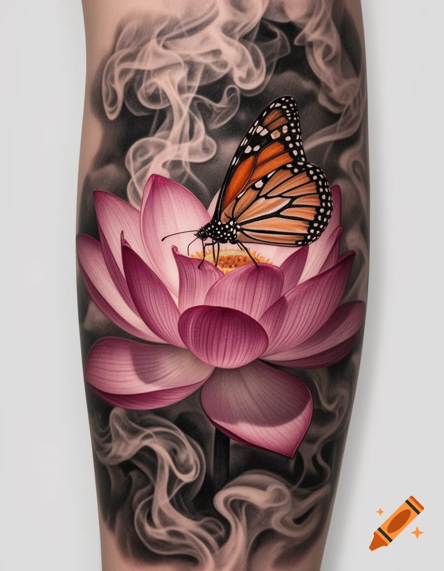 A vibrant, photorealistic tattoo of a monarch butterfly on a pink lotus flower, with smoke effects on a dark background.