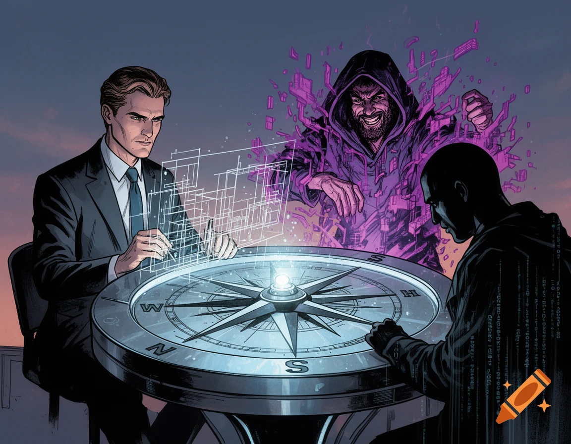 Graphic novel illustration of three men around a glowing compass table. One man designs grids, another is engulfed in purple digital glitches, and a third watches data streams.