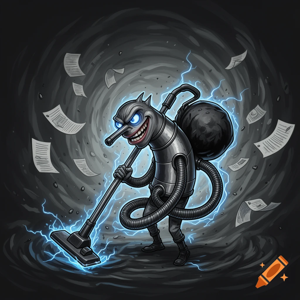 An evil cartoon vacuum cleaner character with glowing blue eyes and sharp teeth, holding a vacuum nozzle, surrounded by swirling papers and blue lightning in a dark vortex.