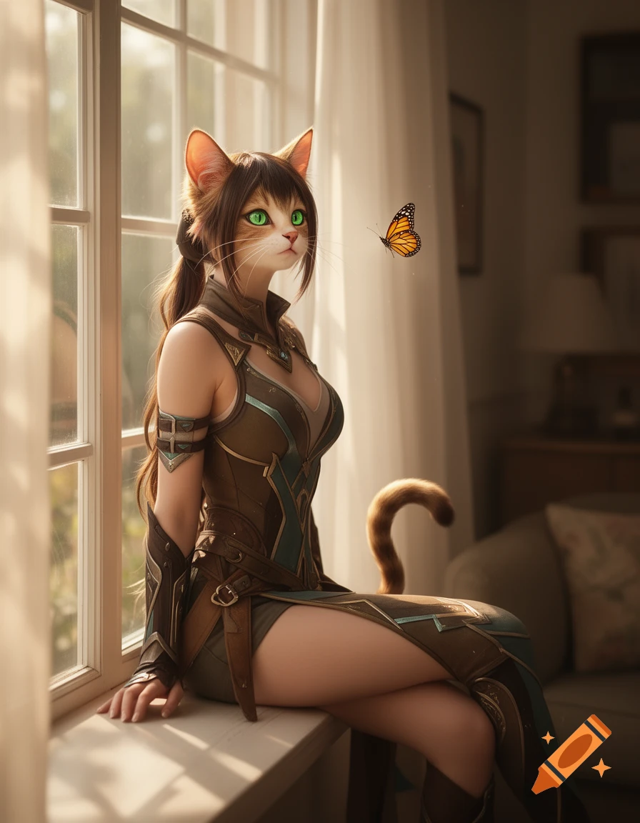 A fantasy catgirl with green eyes and a brown outfit sits on a sunlit window sill, looking at a butterfly.