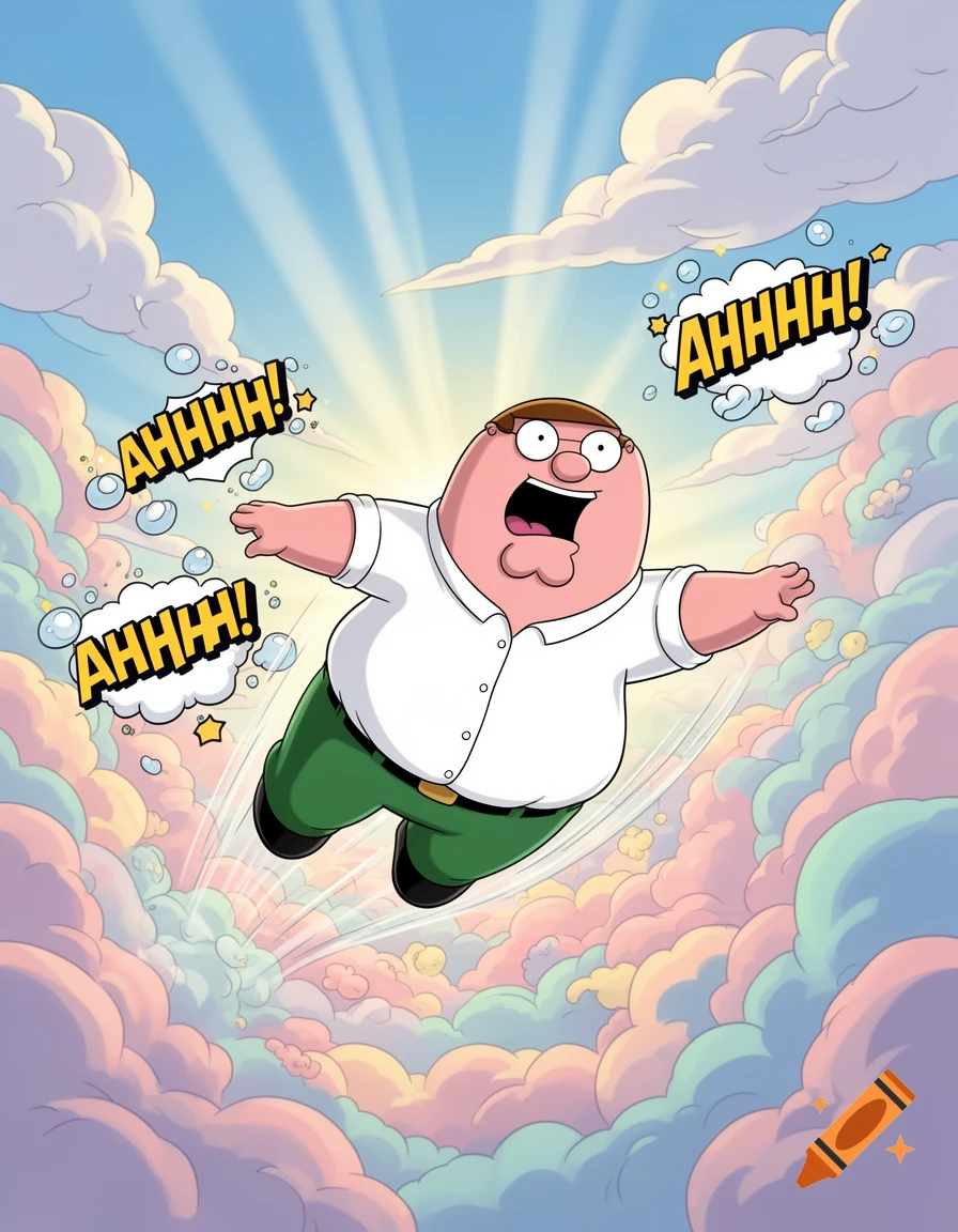 Cartoon Peter Griffin falls through colorful clouds, with 'AHHHH!' speech bubbles around him.