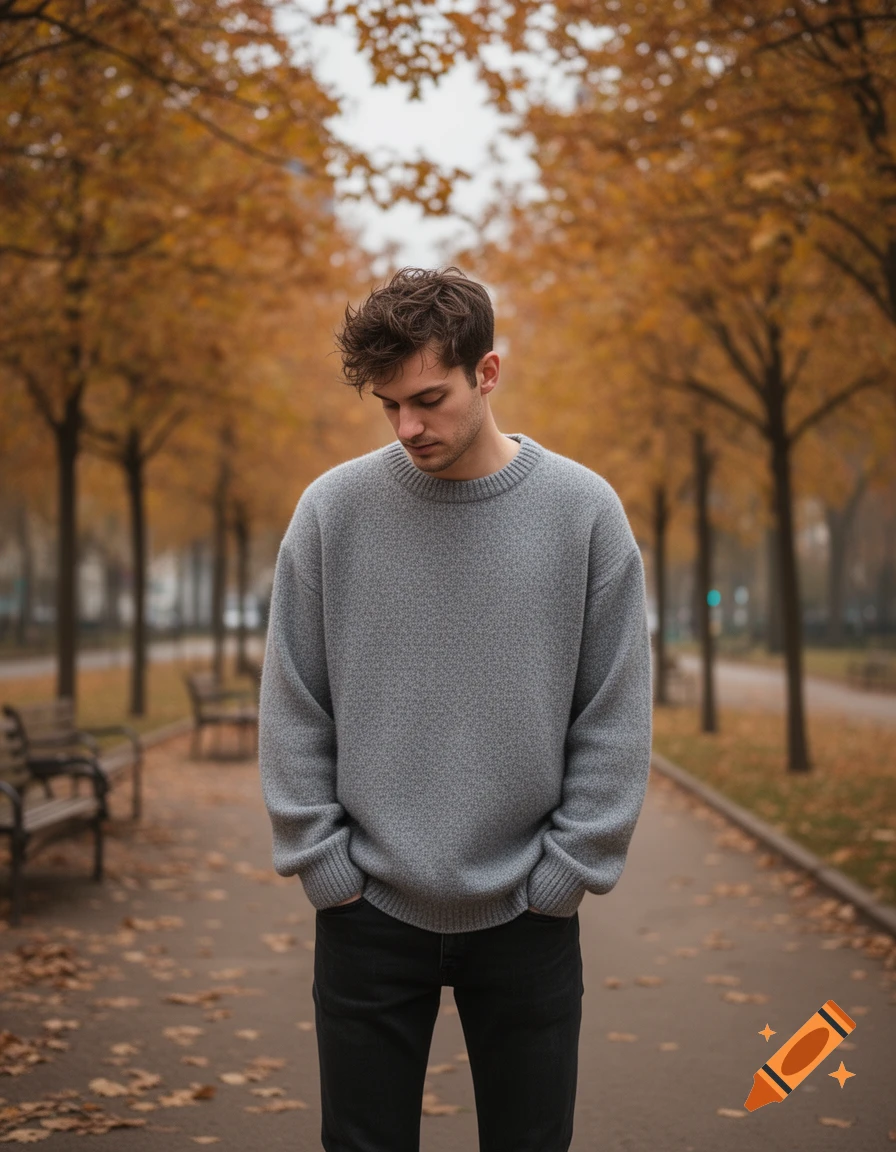 A young man in a grey sweater stands looking down on an autumn path in a park.