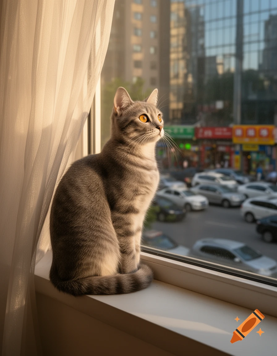 A photorealistic grey tabby cat with orange eyes sits on a sunlit windowsill, looking out at a blurry city street.
