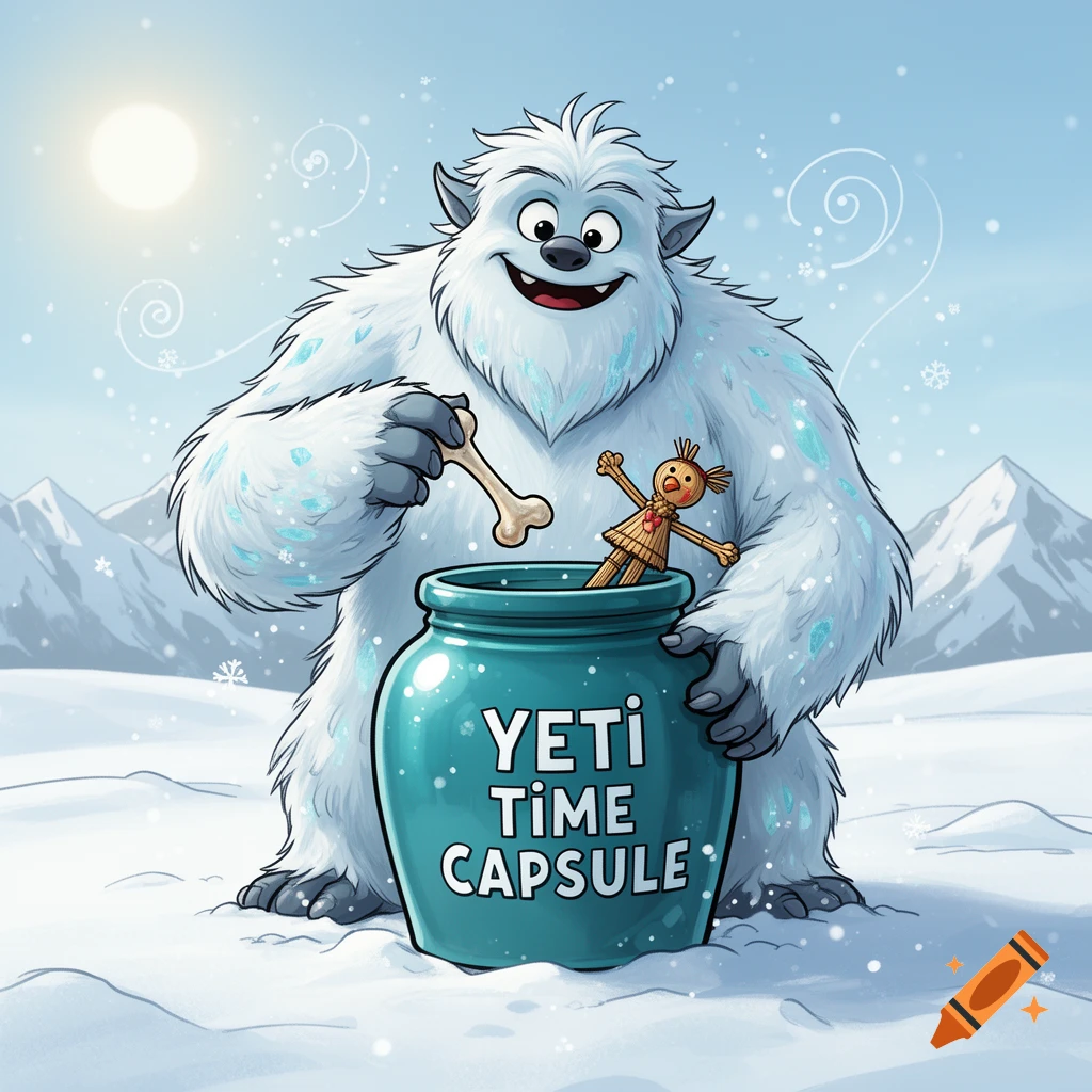 A friendly cartoon yeti in a snowy mountain scene puts a bone and a straw doll into a jar labeled 'YETi TiME CAPSULE'.