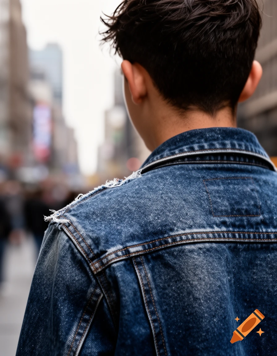 A close-up, rear view of a teenager in a distressed denim jacket looking down a blurred city street.
