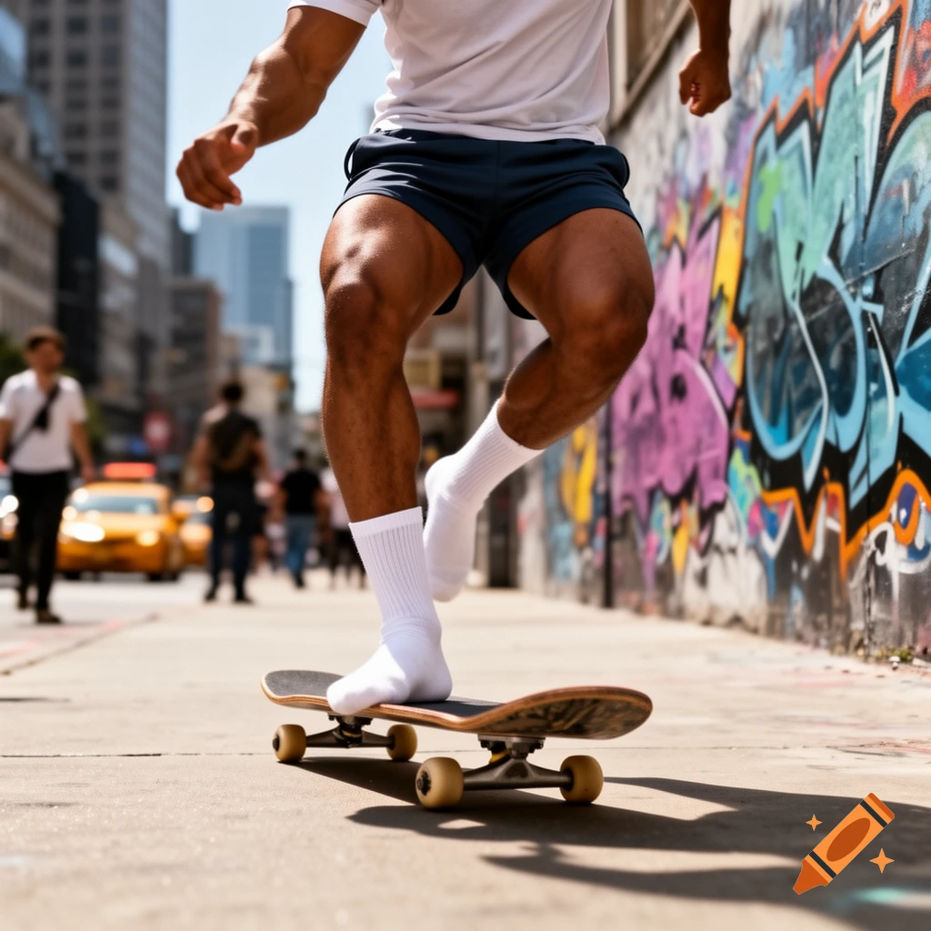 A man with muscular legs wearing white socks and dark shorts balances on a skateboard on a city street with graffiti on a wall.