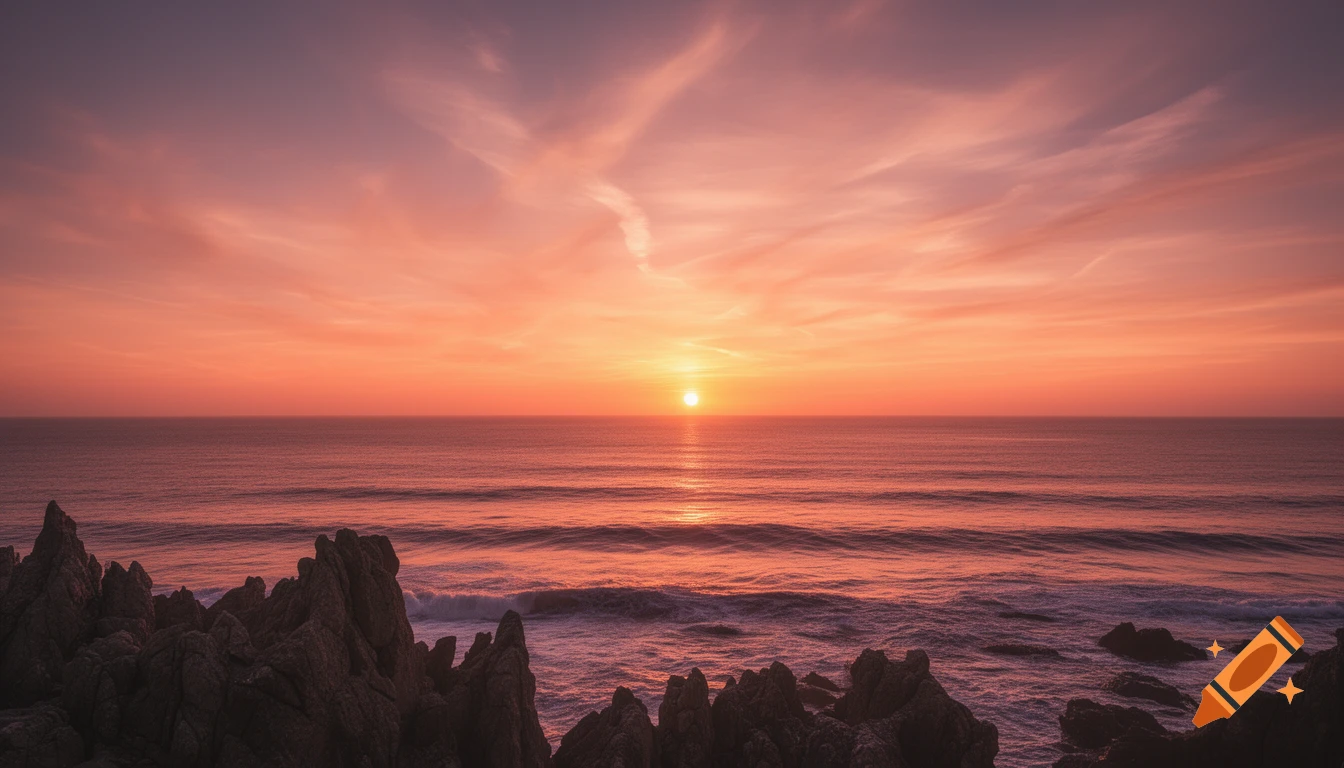 Photorealistic image of a vibrant orange and pink sunset over the ocean with dark rocky formations in the foreground.