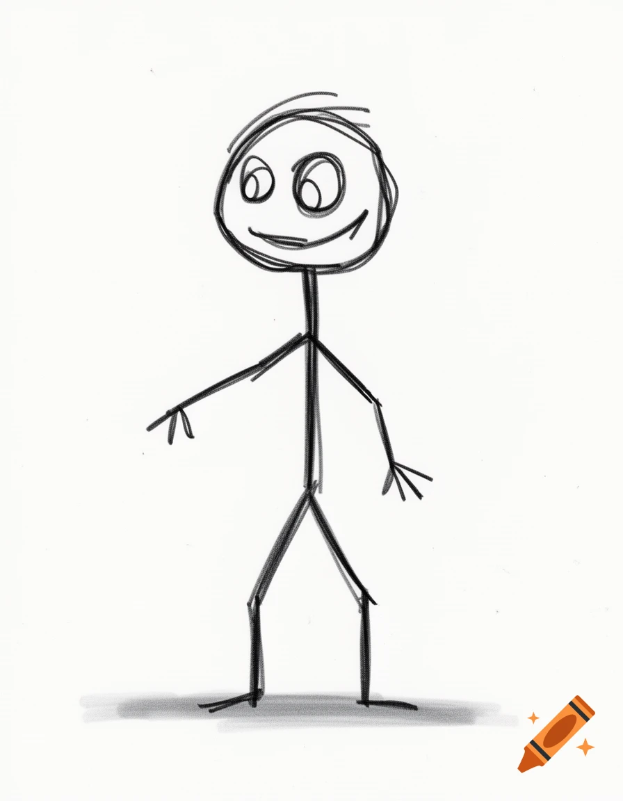 A crudely drawn stickman figure with a smiling face stands against a white background, casting a faint shadow.