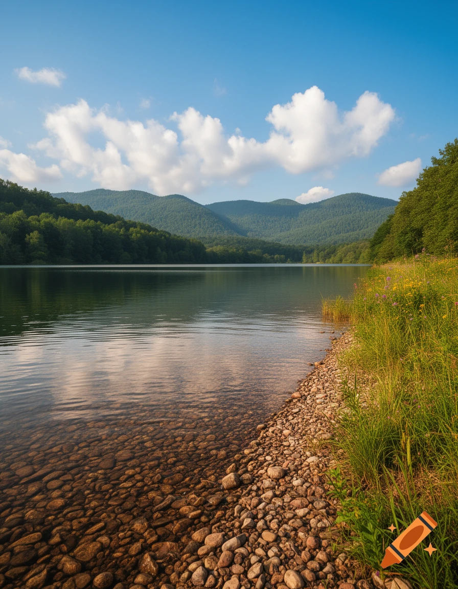 A serene landscape with a calm lake, a pebbly shore, lush green mountains, and a blue sky with white clouds.