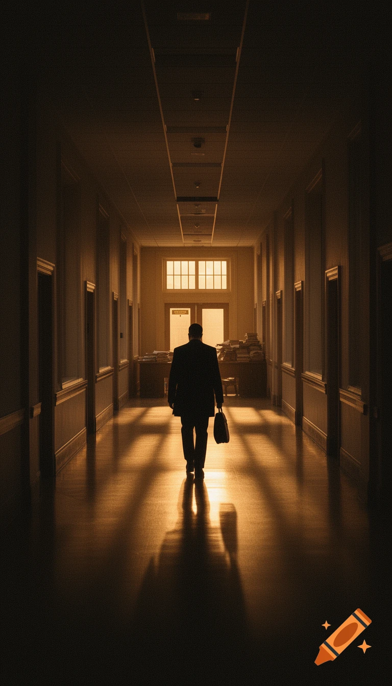 A man in a suit carrying a briefcase walks down a long, dimly lit office hallway, backlit by a window at the end, casting a long shadow.