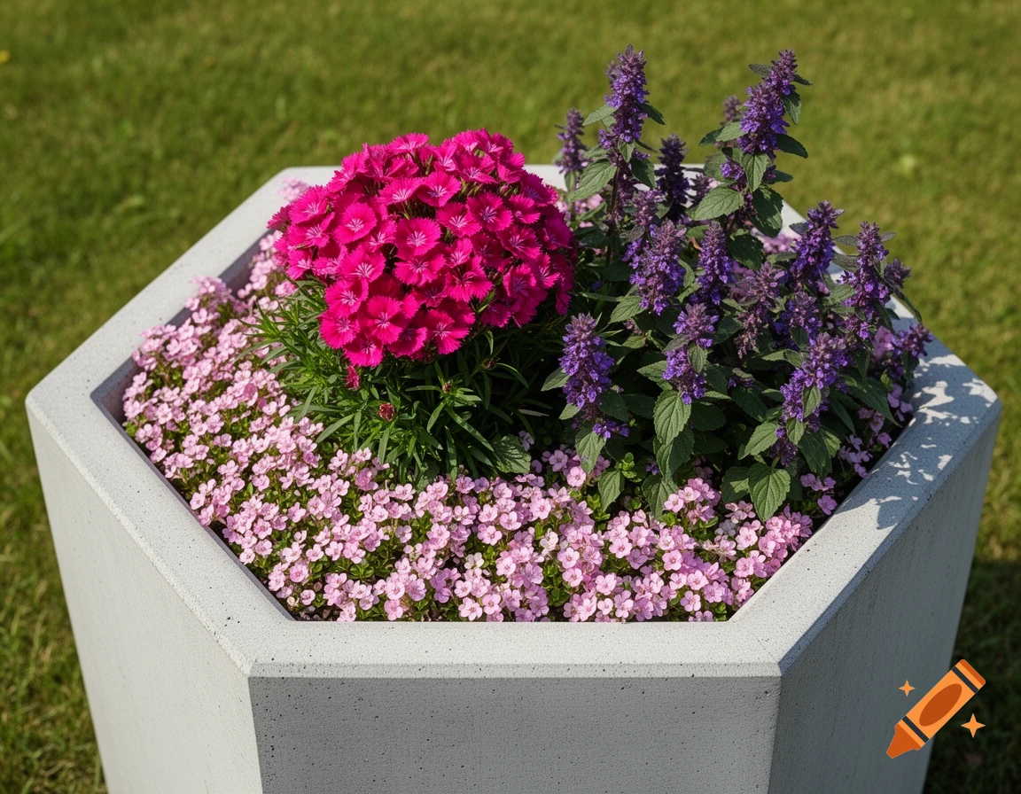 A hexagonal concrete planter filled with vibrant pink dianthus, purple catmint, and light pink groundcover flowers on a green lawn.