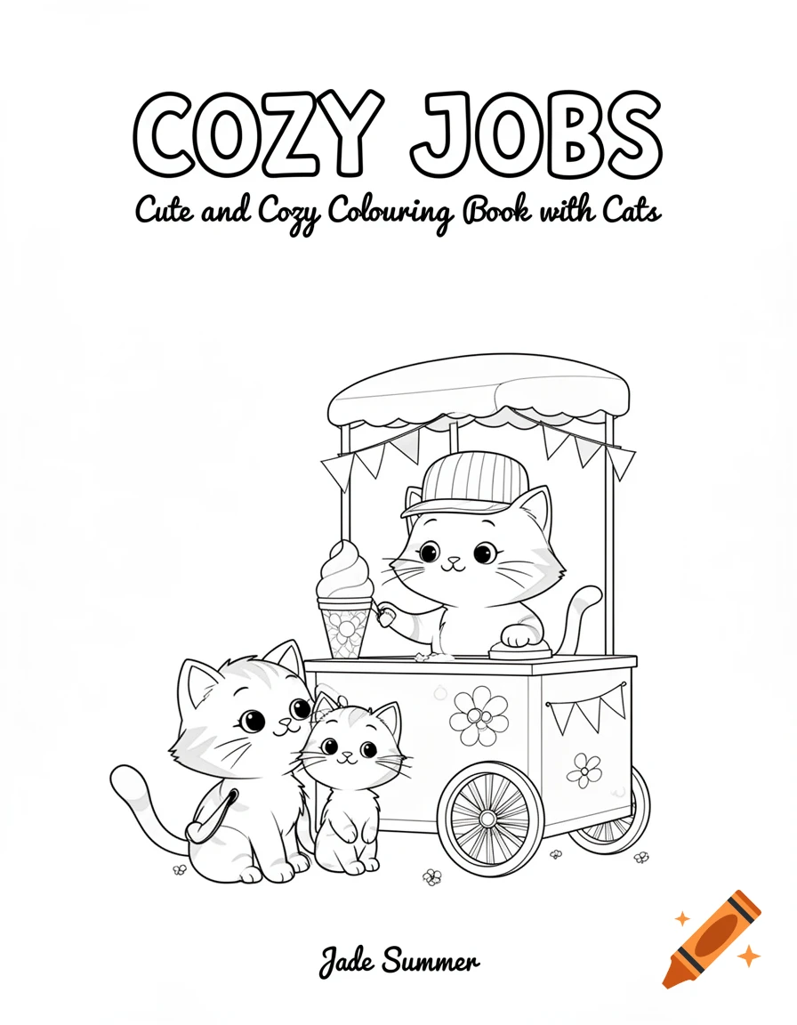Coloring book cover: 'COZY JOBS' title, a cat selling ice cream to a mother and child cat from a cart. Signed 'Jade Summer'.